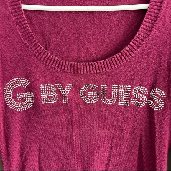 G By Guess Y2K Rhinestone Bling Embellished Spellout Red Long Sleeve Sweater M - Picture 2 of 5